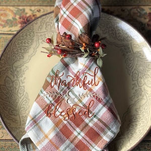 Embroidered Plaid Thanksgiving Dinner Napkins, Thankful and Blessed