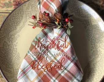 Embroidered Plaid Thanksgiving Dinner Napkins, Thankful and Blessed