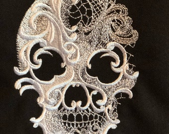 Sugar Skull, Embroidered Black Flour Sack Kitchen Towel