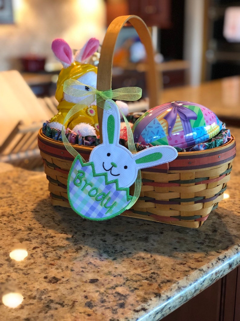 Easter Basket Name Tag Personalized Embroidered Bunny Easter Etsy