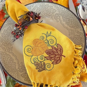 Embroidered  Thanksgiving Dinner Napkins in Mustard Yellow with Fall Leaves