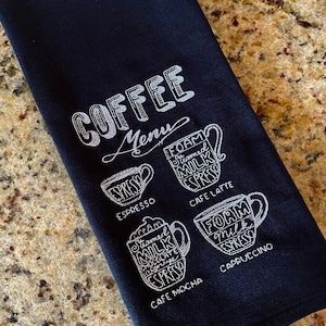 Embroidered Black Woven Coffee Themed Dish Towel