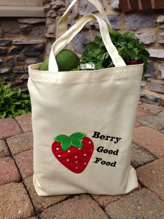 reusable grocery bag with embroidered strawberry appliqué etsy