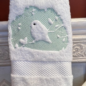 Emboidered Plush Hand Towel with Embossed Woodland Bird, Spring Bird