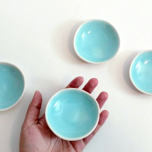 Turquoise and White Small Ceramic Ring Dish or Sauce Bowl