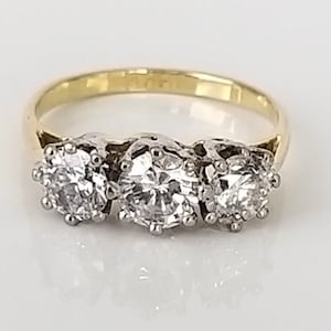Vintage Diamond 1.20ct Three Stone Solid Gold Ring with Platinum Setting -  Engagement, Anniversary Gift,