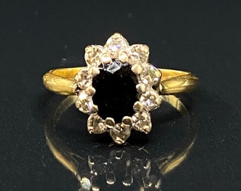 Vintage Sapphire & Diamond Solid Gold Ring with Single Cut Floral Diamond Surround, Engagement Present or Anniversary Gift for Wife Idea