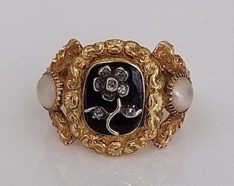 Antique 1832 William IV Mourning Ring with Old Cut Diamonds, Pearls and Enamel, Engagement Present, Anniversary Gift or Birthday Inscription