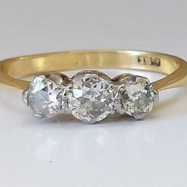 RESERVED FOR C - Vintage Solid Gold Diamond Trilogy Ring -  for an Anniversary Gift or Engagement Present with Superb Old Cut Stones