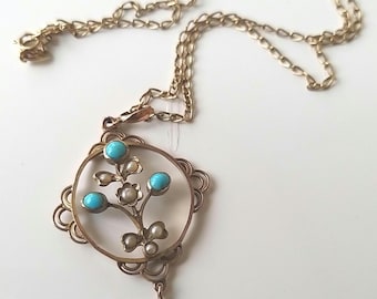Edwardian Turquoise Seed Pearl Gold  Necklace Anniversary Present, Engagement Wife Birthday Surprise, Girlfriend, Gift For Him,