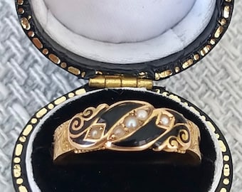 Antique  Victorian Mourning Ring 19th Century Pearl & Enamel Solid Gold Memorial Ring - Mourning Engraved Band, Engagement, Wedding