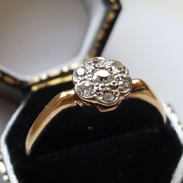 Antiguo diamante de talla antigua anillo de racimo 18ct oro