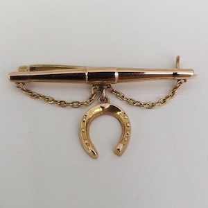 Puede incluir: Broche de oro con un dije de herradura, una cadena y un pasador. La herradura está detallada con pequeños puntos alrededor del borde.