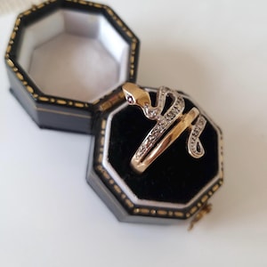 Könnte beinhalten: Ein gold- und silberfarbener Schlangenring mit einem kleinen roten Stein als Auge und einem mit klaren Steinen besetzten Körper. Der Ring befindet sich in einer offenen, achteckigen schwarzen Schmuckschatulle mit Goldrand und schwarzem Samtfutter.