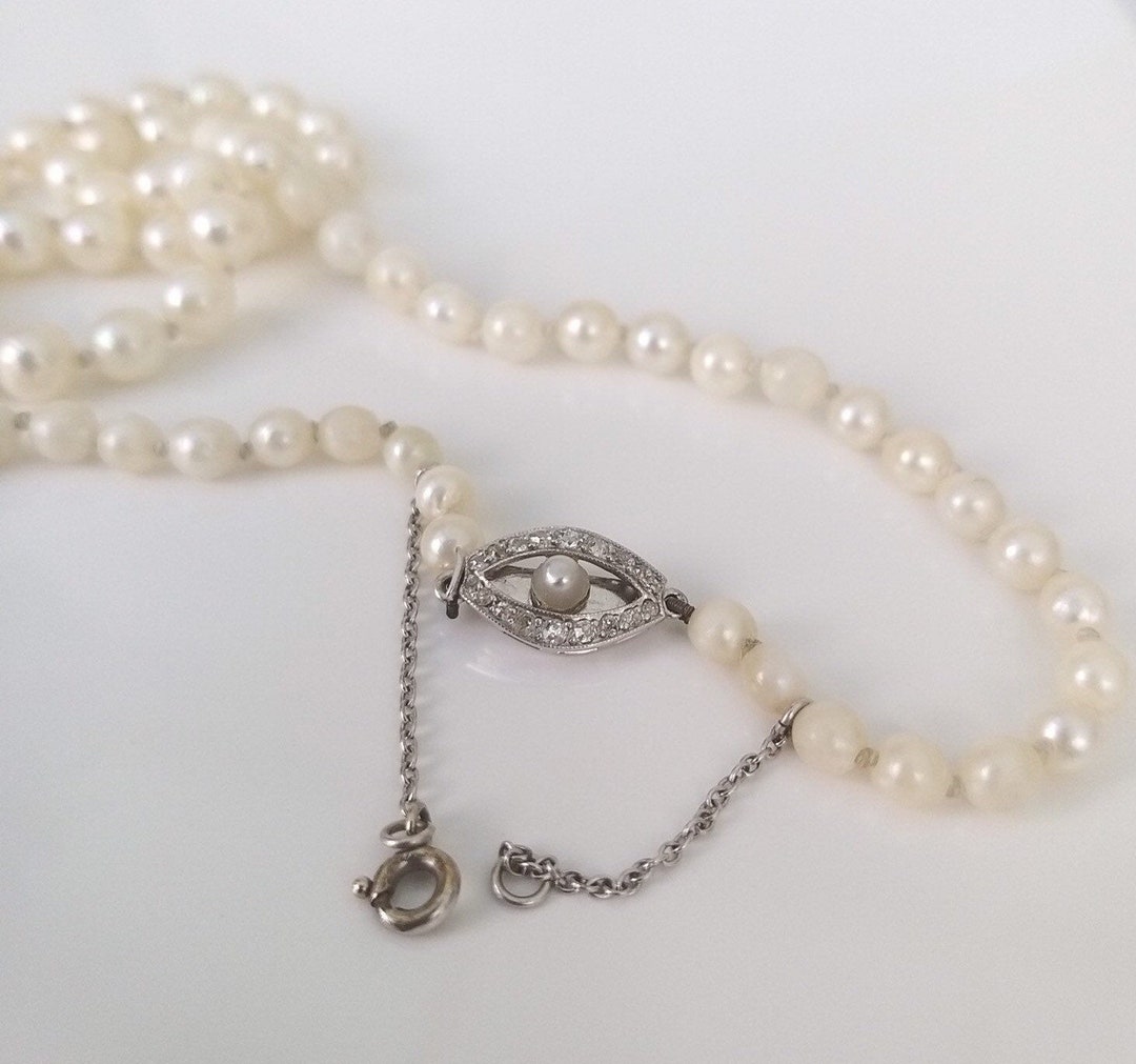Antique Gold & Platinum Pearl Necklace With Old Cut Diamond Accented