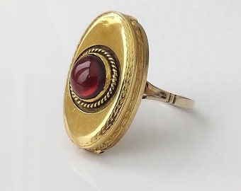 RESERVED FOR A - Antique Gold Locket Ring , Garnet Cabochon with Hinged Locket in Solid 18ct Gold Ring, Birthday or Anniversary Gift