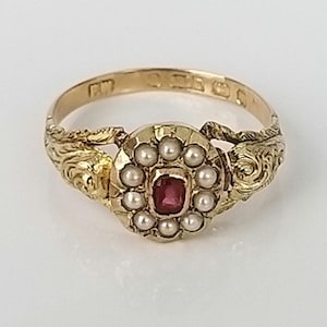 Antique 1873 Victorian Pearl Ring - Ornate Band Solid Gold Engagement Present, Anniversary or Birthday Gift