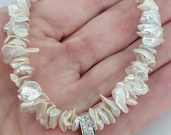Vintage Gold & Diamond Pendant with a Keshi Pearl Necklace - Anniversary Present, Wedding Engagement, Wife Surprise Birthday Present