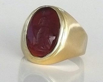 Vintage Solid Gold Carnelian Signet Ring with Oval Shaped Carved Figure - Anniversary Gift or Engagement Present for Wife