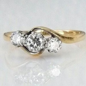 Vintage Diamond Trilogy Ring with Solid Gold Band & Platinum Setting, Engagement Present, Anniversary Gift or Birthday Idea Wife, Girlfriend