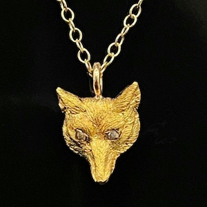 Pingente de raposa de ouro antigo de 18 quilates com olhos de diamante em corte rosa - Corrente de ouro de 18 quilates Presente de aniversário, presente de noivado ou surpresa de aniversário
