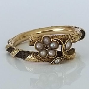 Antique Victorian split pearl forget-me-not and woven hair mourning ring - Engagement Present, Anniversary or Birthday Gift For Her Or Him