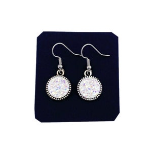 White Druzy Earrings, White Dangle Earrings, White Glitter Earring, White Sparkly Earring, White Round Earring, Gift For Sis, Birthday Gift