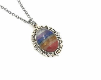 Rainbow Chakra Stone Necklace: Antique Silver Yoga Pendant