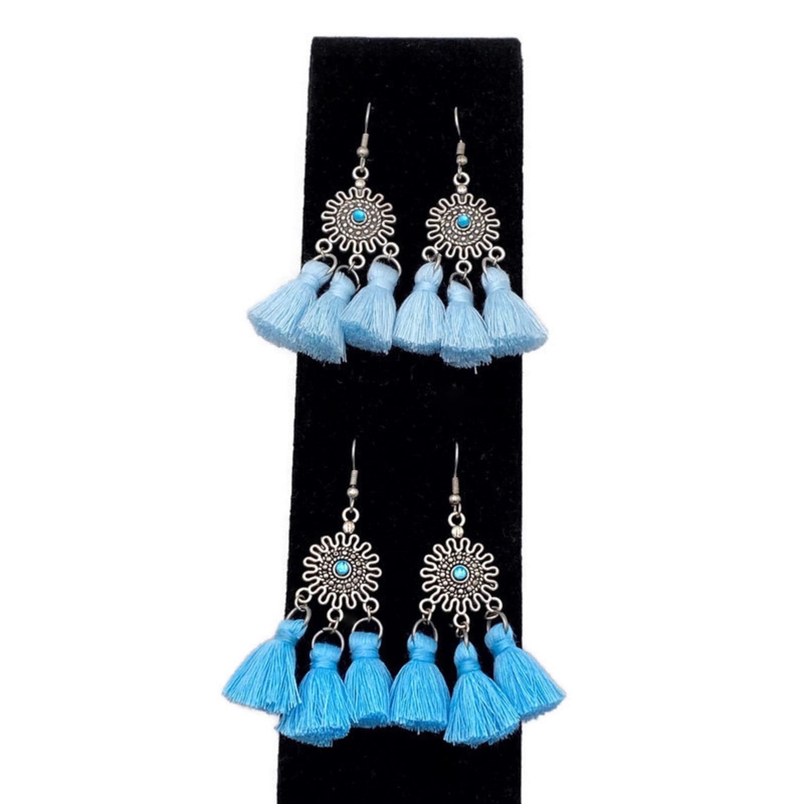 Blue Tassel Earrings Blue Fringe Earrings Turquoise Tassel Etsy