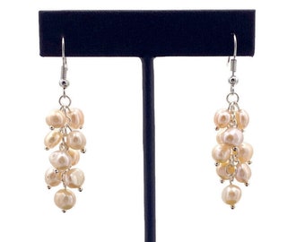 Freshwater Pearl Cluster Drop Earrings, Peachy Pink Pearls