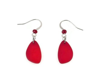 Red Sea Glass Earrings, Cultured Sea Glass Earrings, Red Dangle Earrings, Birthday Gift, Gift For Her, Gift For Women, Beach Glass Earrings