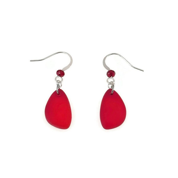 Red Sea Glass Earrings, Cultured Sea Glass Earrings, Red Dangle Earrings, Birthday Gift, Gift For Her, Gift For Women, Beach Glass Earrings