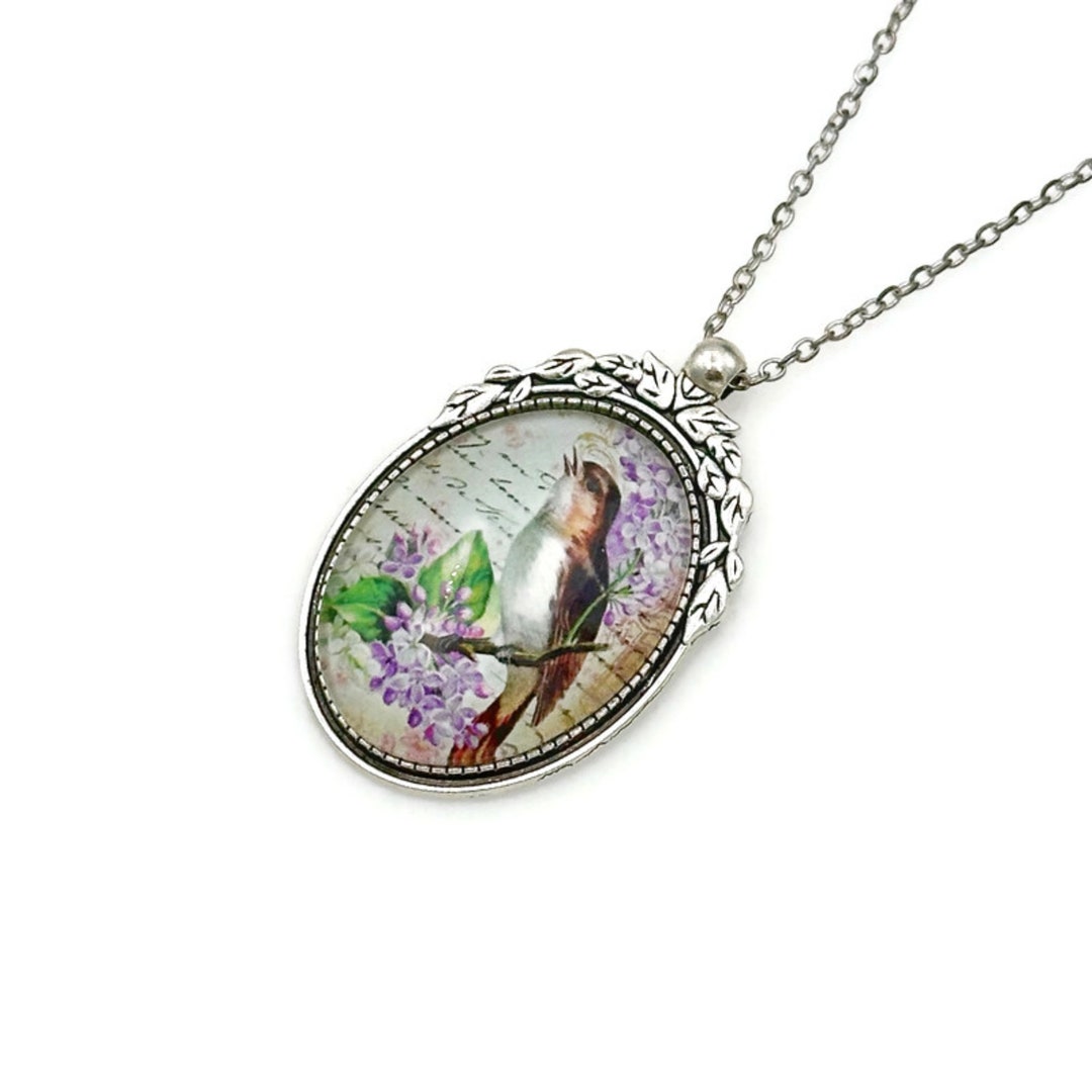 Songbird Pendant Necklace: Floral Bird Print, Stainless Steel