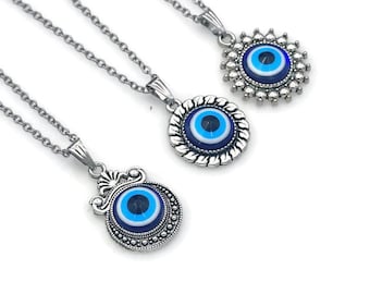 Blue Evil Eye Pendant Necklace: Turkish Style Charm, Silver Finish