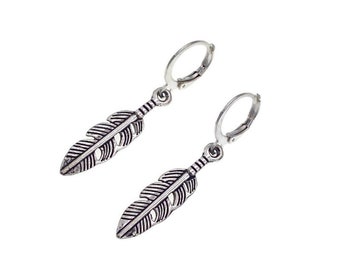 Feather Dangle Earrings, Feather Silver Earrings, Feather Huggie Earrings, Feather Earrings Women, Birthday Gift, Gift For Women, For Her