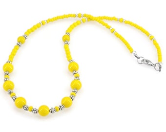 Yellow Czech Glass Bead Necklace, Silver Accents, 18 Inch
