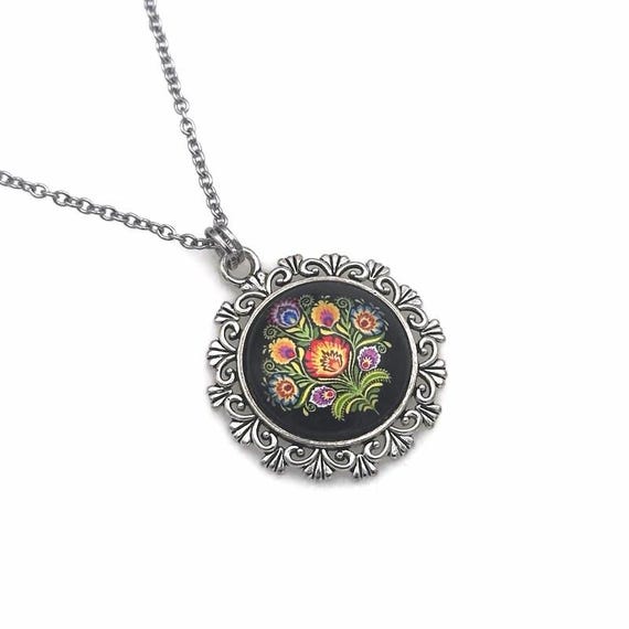 Folk Art Necklace, Polish Folk Art, Scandinavian Folk Art, Folk