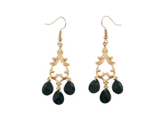 Black and Gold Earrings, For Women, Black Chandelier Earrings, Birthday Gift, Gift For Her, Filigree Chandelier Earring, Lightweight Earring