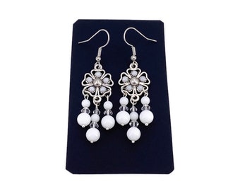 White Chandelier Earring, White Agate Earrings, White Stone Earrings, White Gem Earrings, White Floral Earrings, Birthday Gift, Gift For Sis