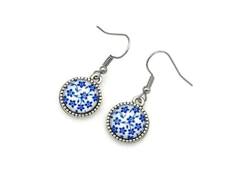 Delft Blue Earrings, Glass Dome Earrings, Blue and White Floral, Dutch Style Earrings, Chinoiserie Style Gift, Birthday Gift, Gift For Her,