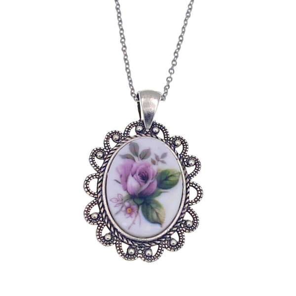 Rose Pendant Necklace, Rose Necklace, Rose Flower Necklace, Purple Rose Necklace, Birthday Gift, Gift For Mom, Limoges Pendant, Rose Jewelry