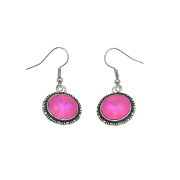 Hot Pink Crystal Earrings, Bright Pink Earrings, Pink Round Earrings, Birthday Gift, Gift For Her, Gift For Women, Small Gifts, For Women