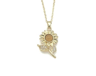 Gold Sunflower Pendant Necklace, Resin Center, Cubic Zirconia Accents