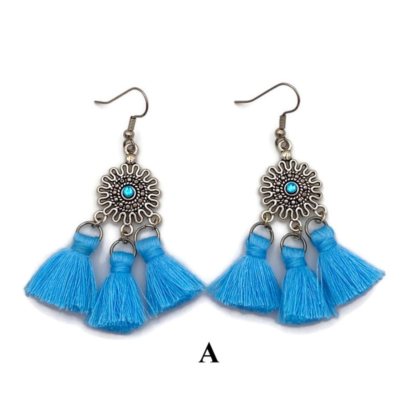 Blue Tassel Earrings Blue Fringe Earrings Turquoise Tassel Etsy