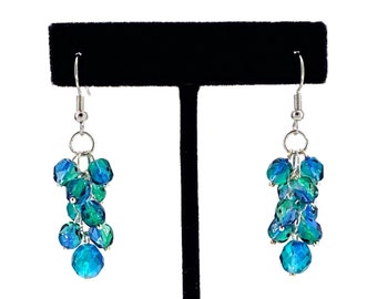 Blue Green Earrings, Two Tone Earrings, Czech Glass Earrings, Czech Bead Earrings, Gift For Sister, Birthday Gift, Cluster Drop Earrings