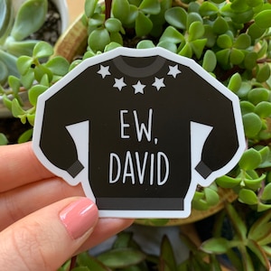 May include: A black sticker in the shape of a sweater with the text "EW, DAVID" in white. The sweater design includes five white stars across the top. The sticker is held in front of a background of green plants.