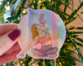 Holografiskt klistermärke med stretchmotiv "Djupt andetag" i sittande yoga - 7,5 cm x 7,5 cm vinyldekal med yogimotiv