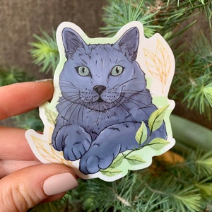Grey Cat Sticker - Chonky Russian Blue Cat Vinyl Decal