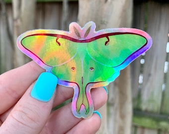 May include: A holographic Luna moth sticker. The sticker features a green body and iridescent wings that reflect a spectrum of colours. The moth has a maroon outline and antennae.
