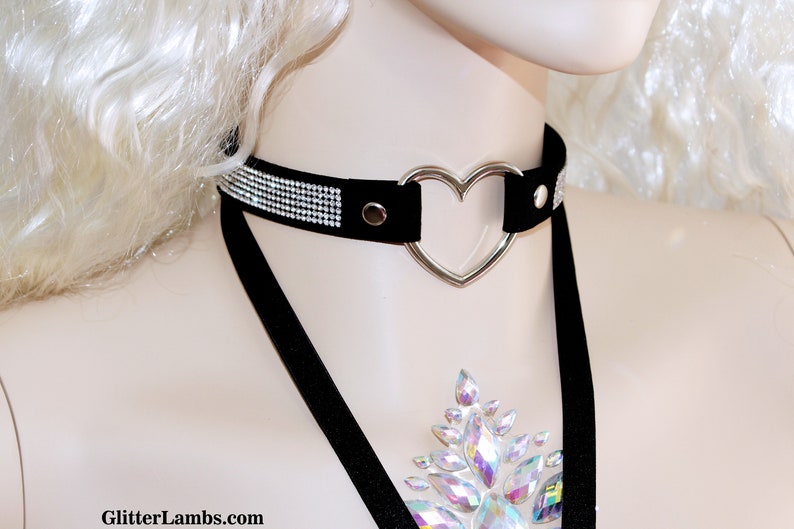 Supplies Jewelry Black Rhinestone Heart Choker Necklace Music Festival EDM Cheap Rave Wear Party Fashion Rave